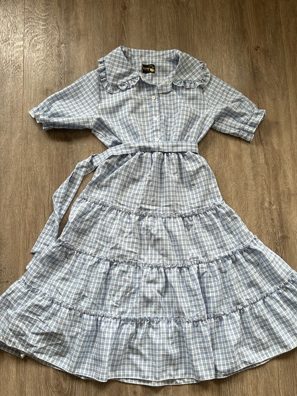 Light Blue Vintage Gingham Tiered Dress with Ruffle Collar and Tie Belt